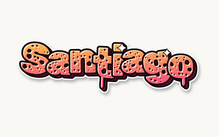 Nombre Santiago en graffiti wild style, letras que rebotan con textura moteada en naranja y rosa