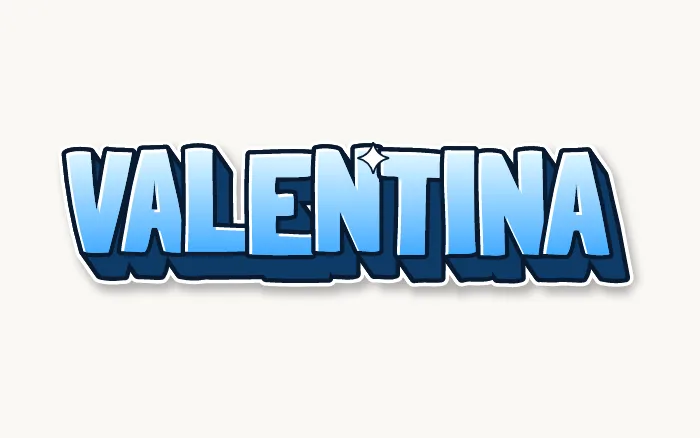 Nombre Valentina en letras graffiti 3D, mayúsculas altas en azul hielo con un bloque azul oscuro