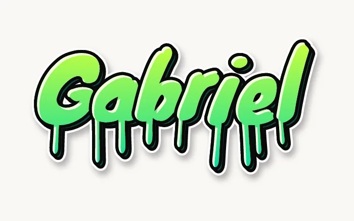 Nome Gabriel em grafite escorrido, letras de pincel verde-limão pingando tinta