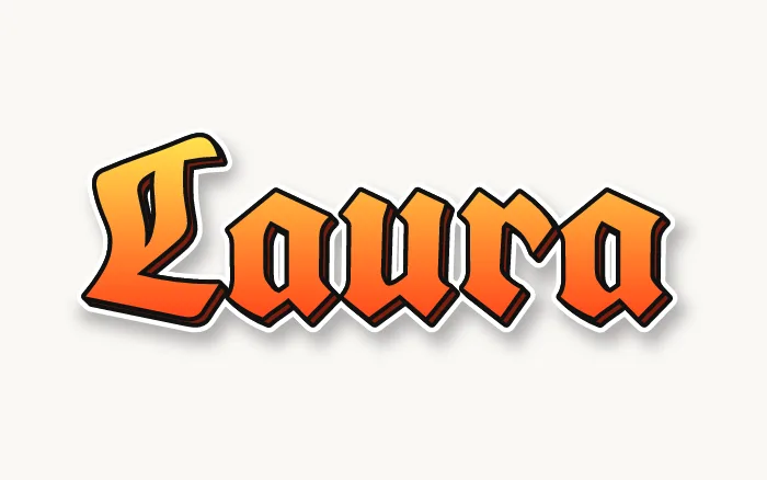 Nome Laura em grafite estilo gótico, letra gótica amarela e laranja com sombra escura