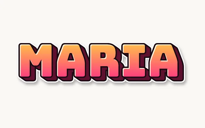 Nome Maria em grafite estilo bloco, maiúsculas quadradas em laranja e rosa com bloco lateral vinho