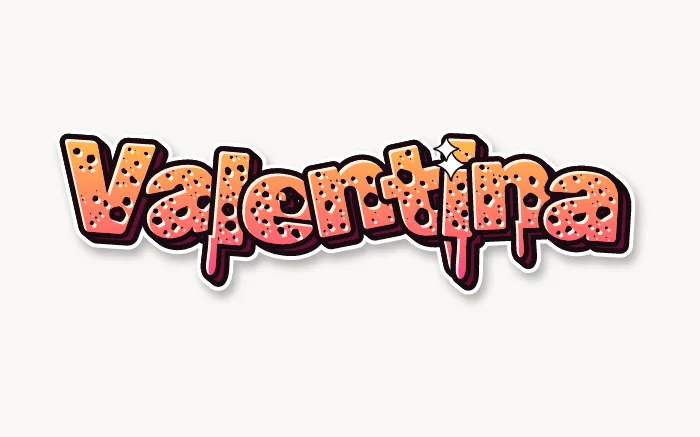 Nome Valentina em grafite wild style, letras laranja e rosa com furinhos e pingos de tinta