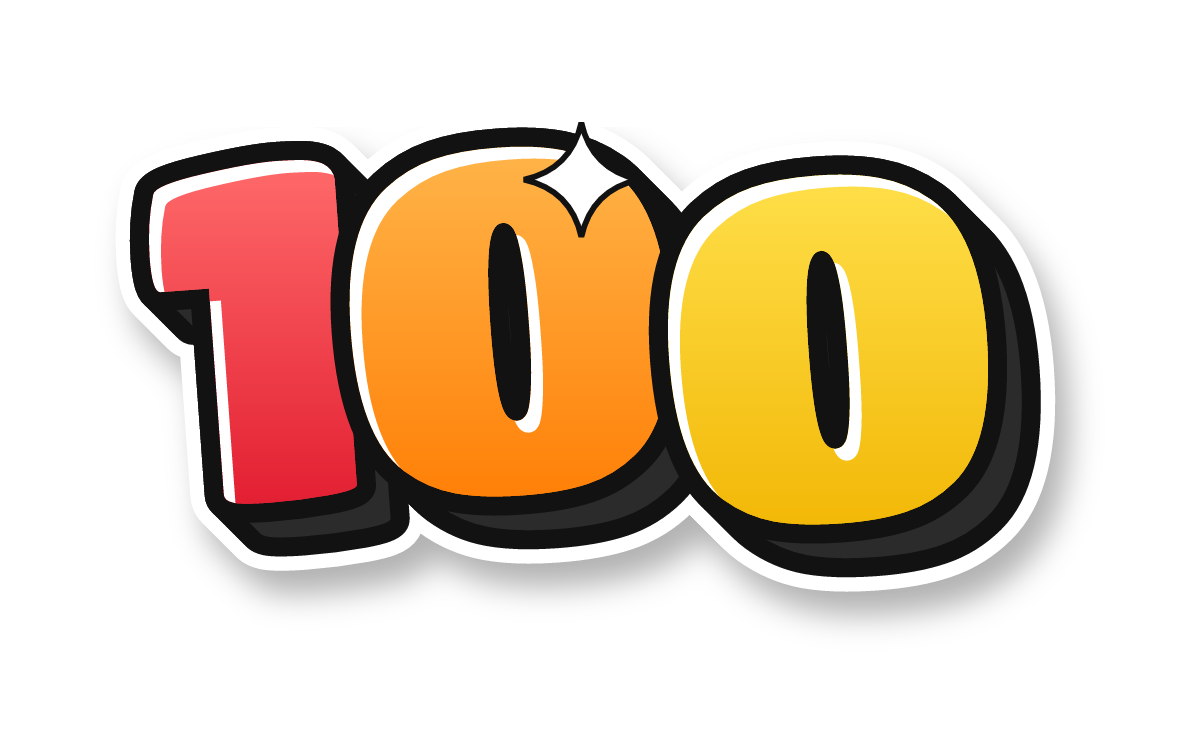 "100" in bubble graffiti letters, rainbow colors, transparent PNG