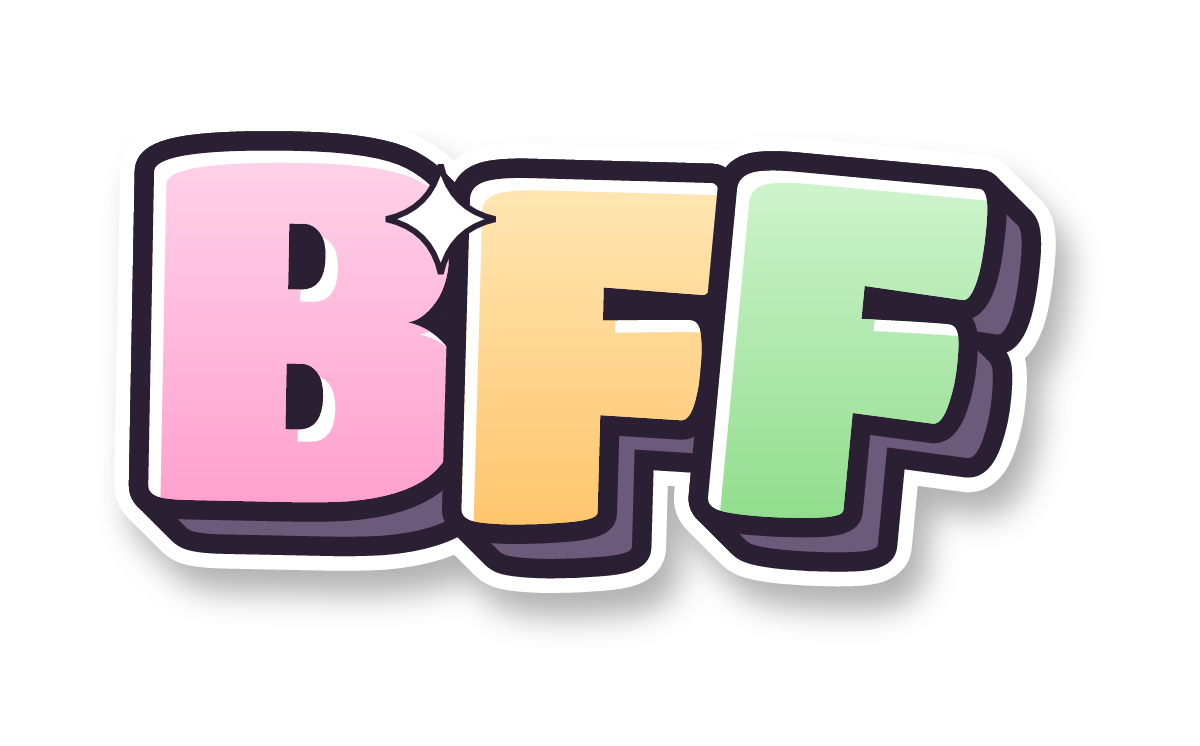 "BFF" in bubble graffiti letters, pastel mix colors, transparent PNG