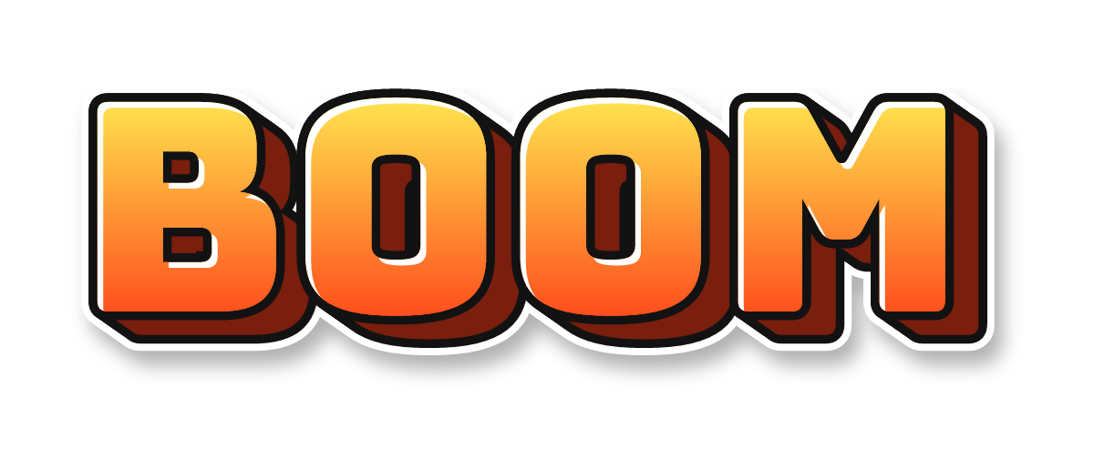 "BOOM" in blockbuster graffiti letters, classic colors, transparent PNG