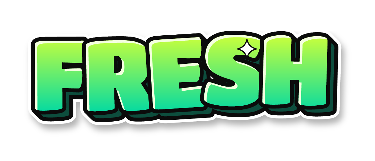 "FRESH" in bubble graffiti letters, toxic colors, transparent PNG