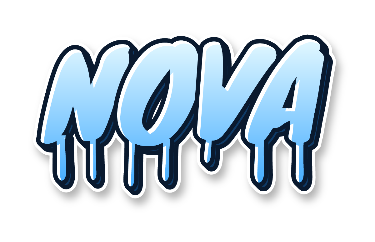 "NOVA" in drip graffiti letters, ice colors, transparent PNG