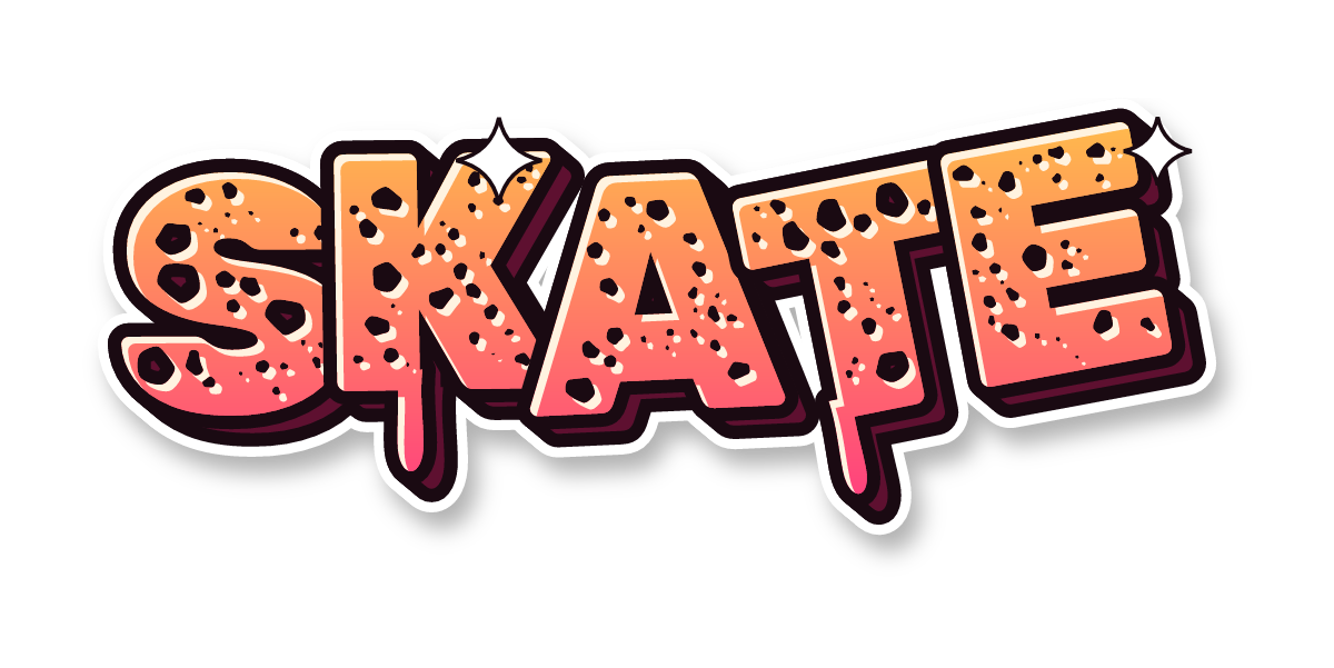 "SKATE" in wild graffiti letters, sunset colors, transparent PNG