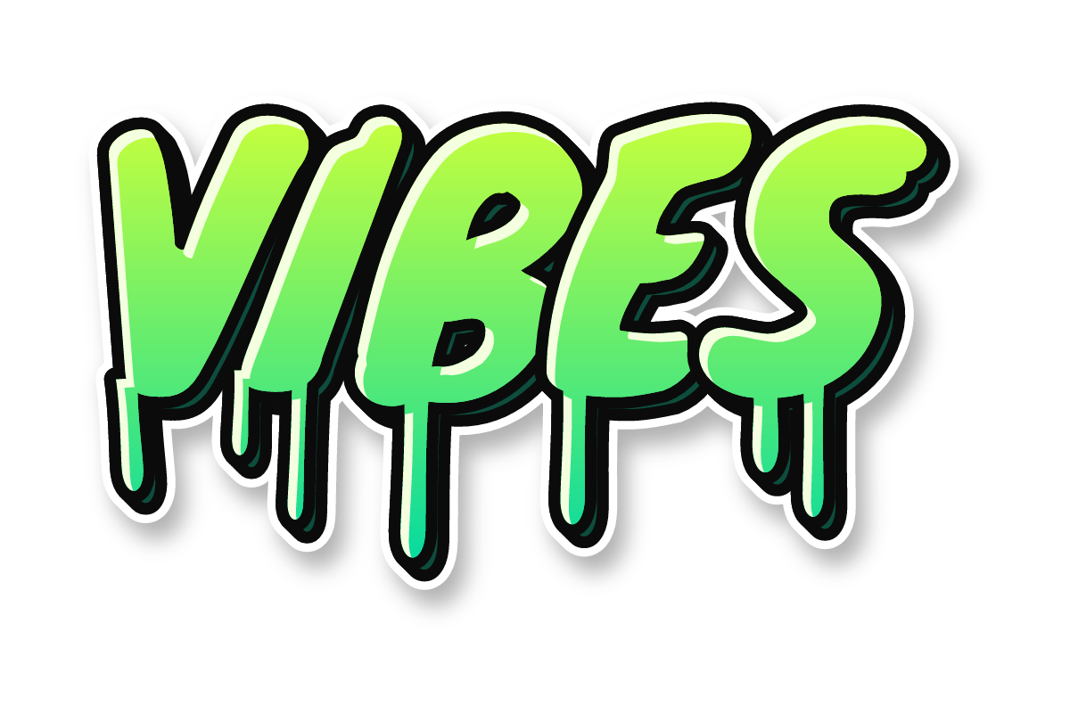 "VIBES" in drip graffiti letters, toxic colors, transparent PNG