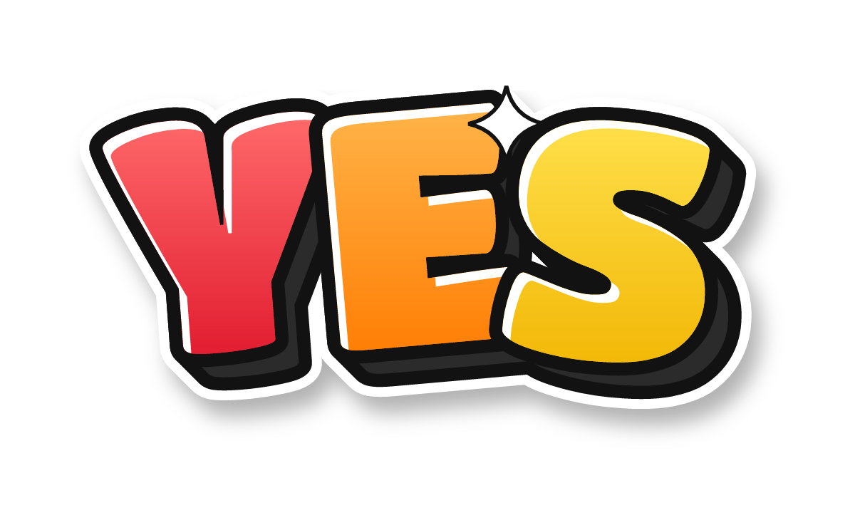 "YES" in bubble graffiti letters, rainbow colors, transparent PNG