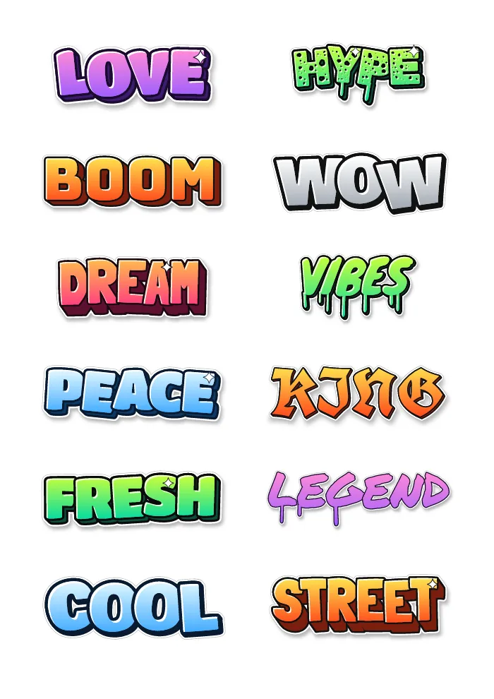Printable graffiti sticker sheet with 12 colorful graffiti words, each with a white border and gray cut line