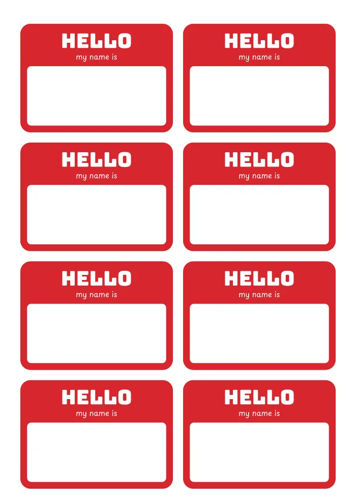 Printable sheet of 8 red "Hello my name is" sticker labels with a blank white box for a graffiti tag
