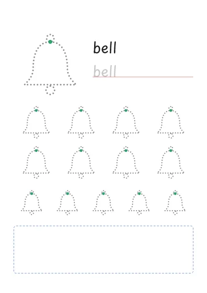 Bell tracing worksheet: a big dotted bell, the word to trace and rows of smaller bells