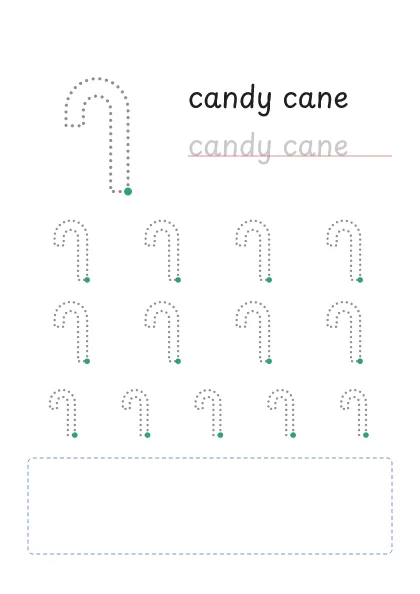 Candy cane tracing worksheet: a big dotted candy cane, the word to trace and rows of smaller candy canes
