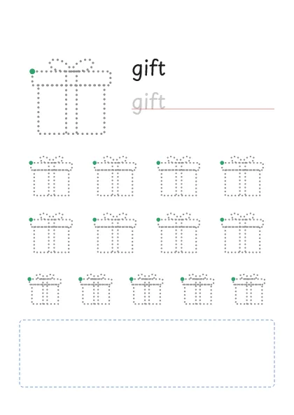 Gift tracing worksheet: a big dotted gift, the word to trace and rows of smaller gifts