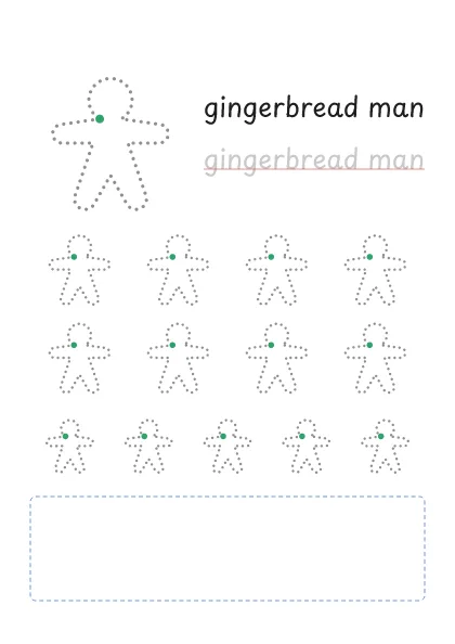 Gingerbread man tracing worksheet: a big dotted gingerbread man, the word to trace and rows of smaller gingerbread mans