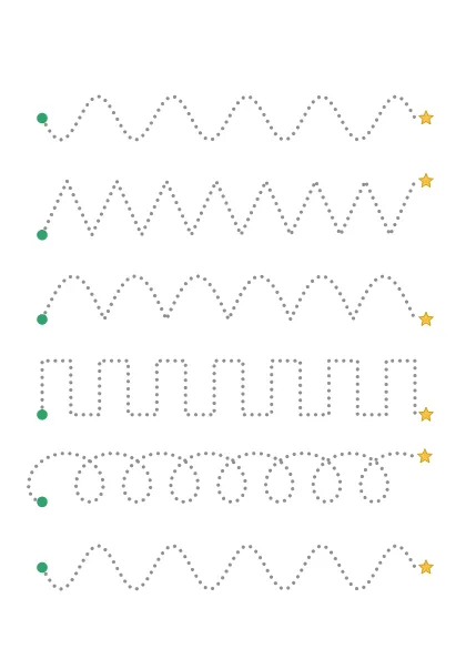 Christmas line tracing worksheet with wavy, zigzag and looped lines ending at a star