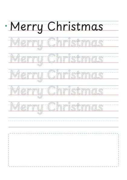 Merry Christmas tracing worksheet on handwriting lines with a box to draw a Christmas tree