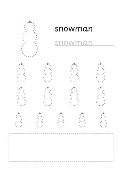 Snowman tracing worksheet: a big dotted snowman, the word to trace and rows of smaller snowmans