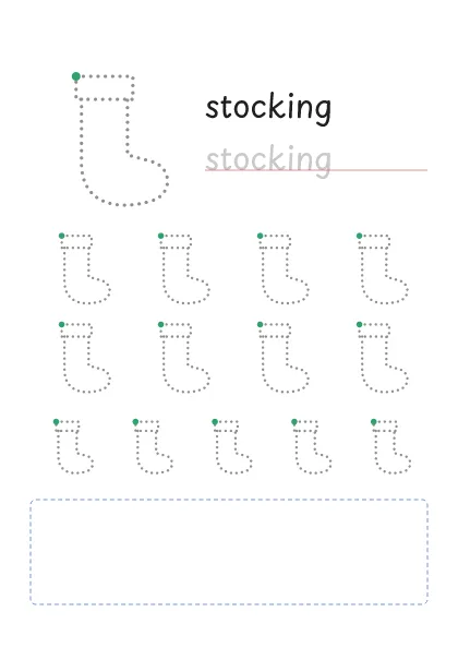 Stocking tracing worksheet: a big dotted stocking, the word to trace and rows of smaller stockings