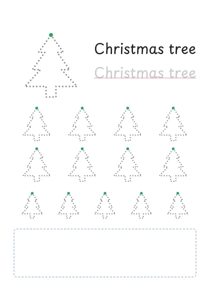 Christmas tree tracing worksheet: a big dotted Christmas tree, the word to trace and rows of smaller Christmas trees