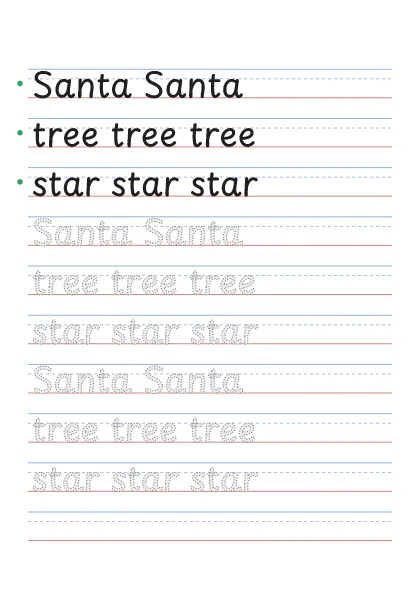 Christmas words tracing worksheet: Santa, tree, star