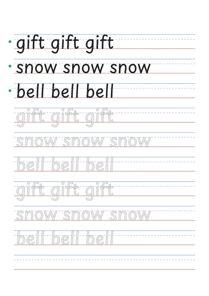 Christmas words tracing worksheet: gift, snow, bell