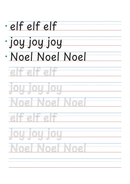 Christmas words tracing worksheet: elf, joy, Noel