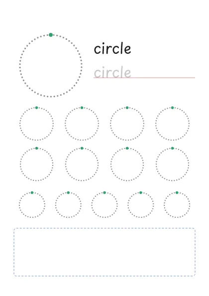 Circle tracing worksheet: a big dotted circle, the word circle to trace and rows of smaller circles