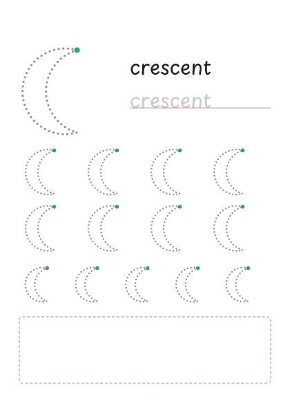 Crescent tracing worksheet: a big dotted crescent, the word crescent to trace and rows of smaller crescents