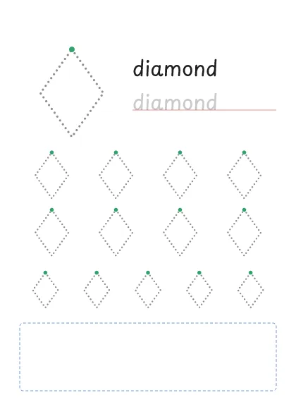 Diamond tracing worksheet: a big dotted diamond, the word diamond to trace and rows of smaller diamonds