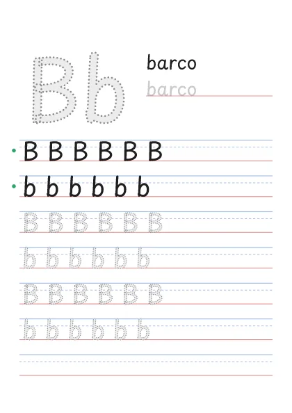 Letra B para trazar, punteada, con la palabra barco y renglones