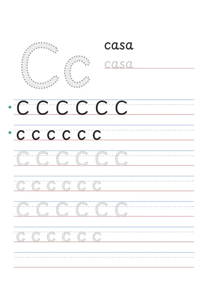 Letra C para trazar, punteada, con la palabra casa y renglones