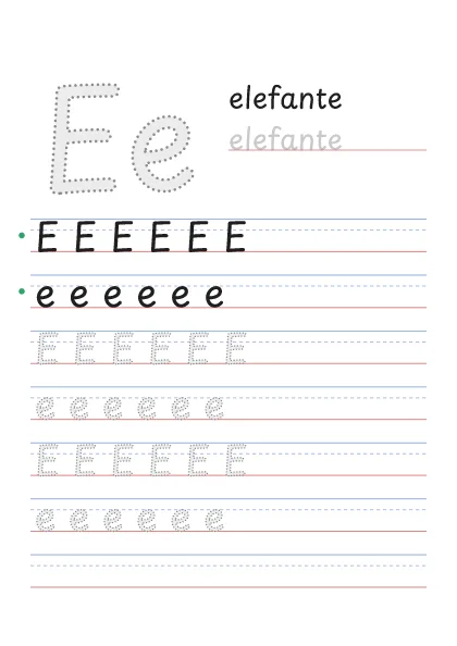 Letra E para trazar, punteada, con la palabra elefante y renglones