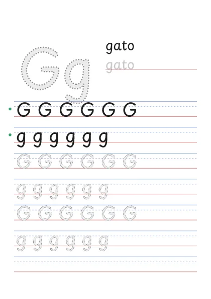 Letra G para trazar, punteada, con la palabra gato y renglones