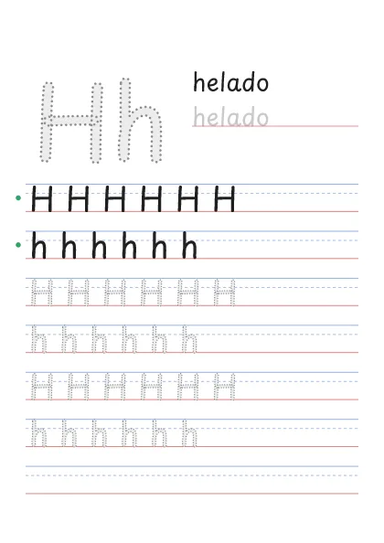 Letra H para trazar, punteada, con la palabra helado y renglones