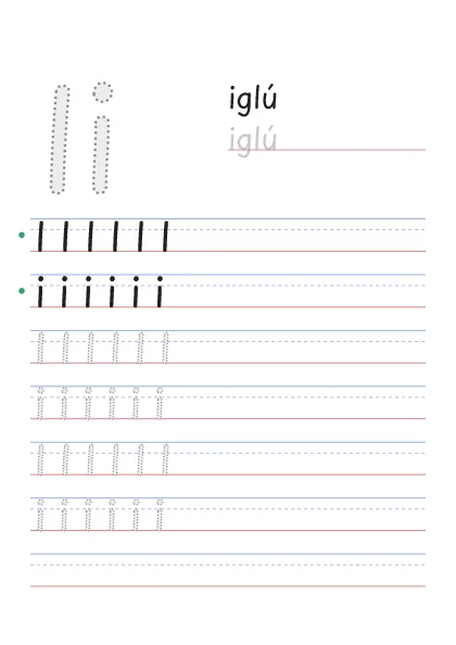 Letra I para trazar, punteada, con la palabra iglú y renglones