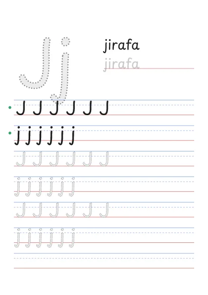 Letra J para trazar, punteada, con la palabra jirafa y renglones
