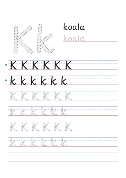 Letra K para trazar, punteada, con la palabra koala y renglones