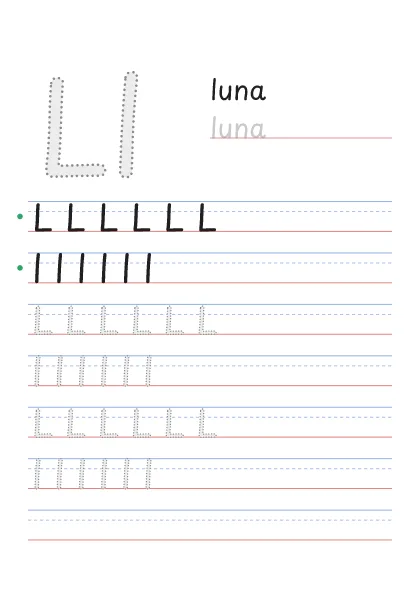 Letra L para trazar, punteada, con la palabra luna y renglones