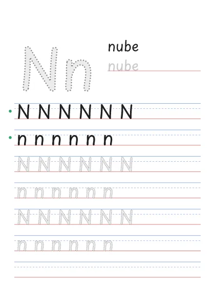 Letra N para trazar, punteada, con la palabra nube y renglones