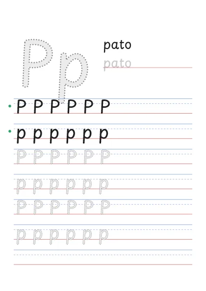 Letra P para trazar, punteada, con la palabra pato y renglones
