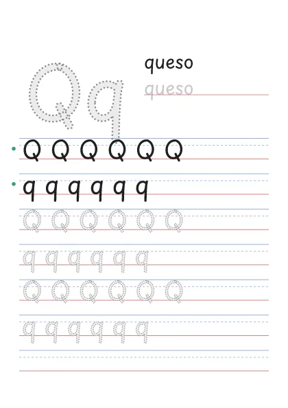 Letra Q para trazar, punteada, con la palabra queso y renglones