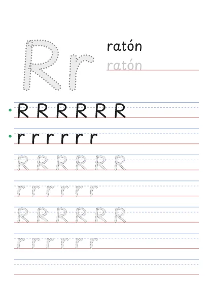 Letra R para trazar, punteada, con la palabra ratón y renglones