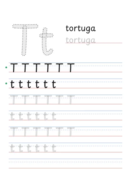 Letra T para trazar, punteada, con la palabra tortuga y renglones