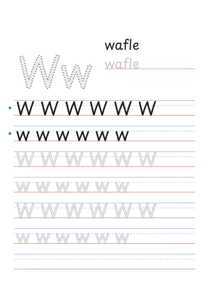 Letra W para trazar, punteada, con la palabra wafle y renglones
