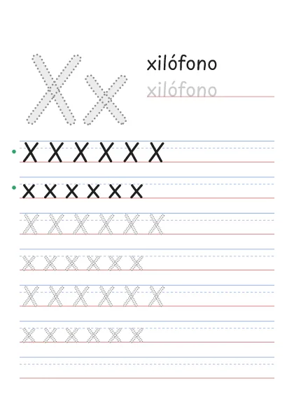 Letra X para trazar, punteada, con la palabra xilófono y renglones