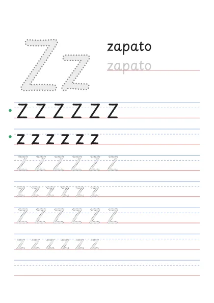 Letra Z para trazar, punteada, con la palabra zapato y renglones