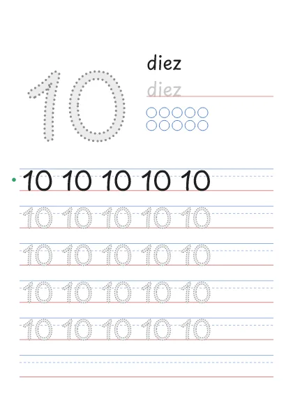 Número 10 para trazar con la palabra diez y 10 círculos para contar