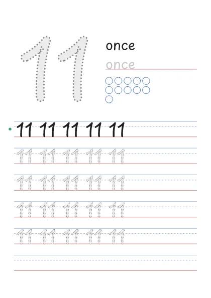 Número 11 para trazar con la palabra once y 11 círculos para contar